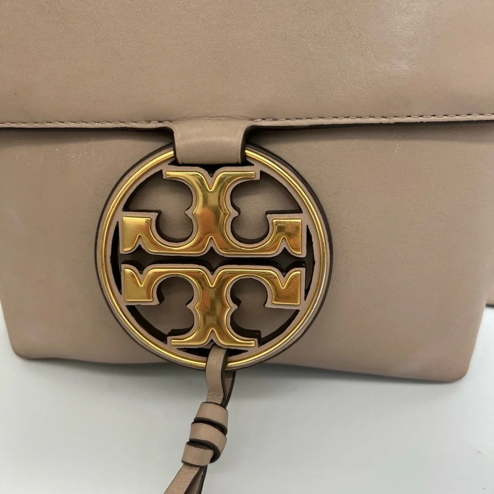 Tory Burch Taupe Leather Crossbody with Gold Logo Medallion
